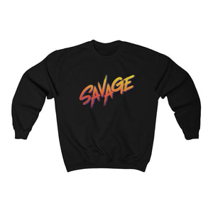 Black Sweatshirt with Orange and yellow Text that says SAVAGE